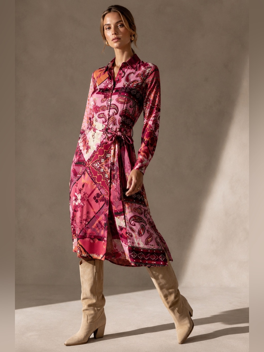 ✨ NWT Tribal Jeans Pink Paisley Patchwork Shirt Dress | L